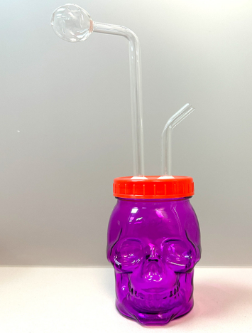 Glass Mini Water Pipe With Skull Body + Cap With 2 Holes For Downstem - 317 Grams - 6 Inches - Assorted Colors [OB-029]