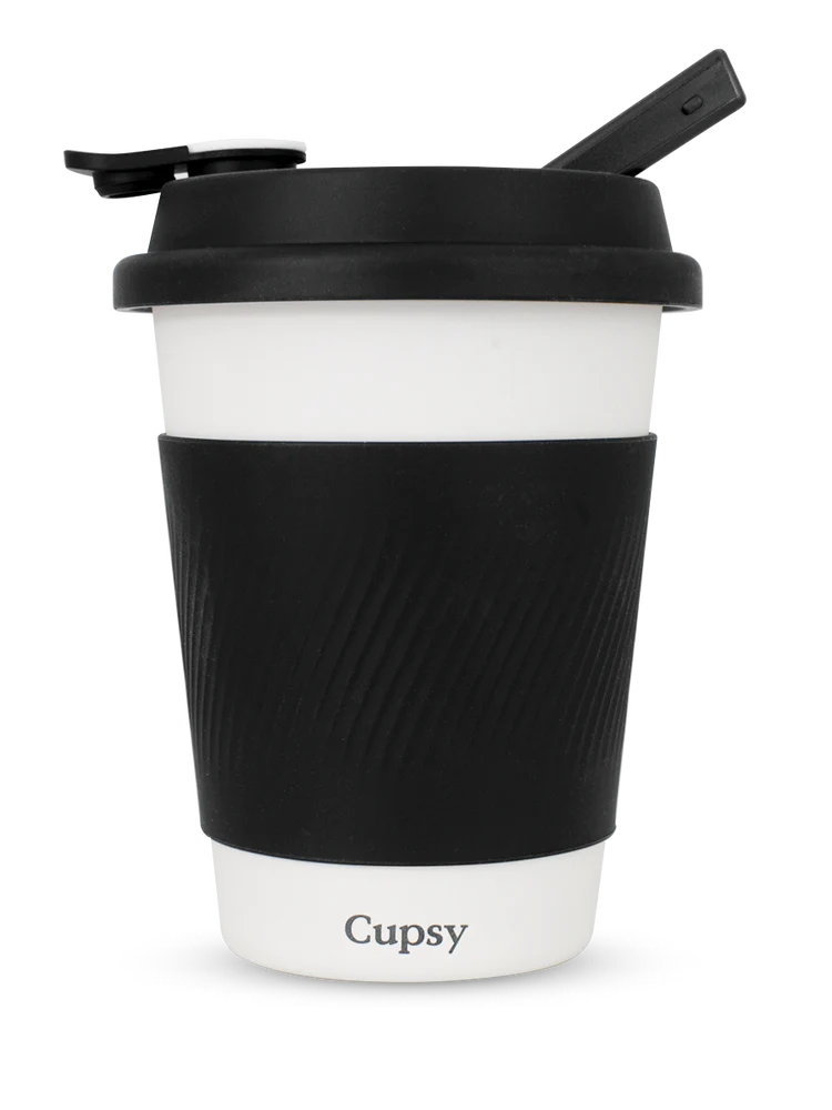 Portable and discreet Cupsy water pipe, designed to look like a coffee cup, perfect for on-the-go smoking sessions.