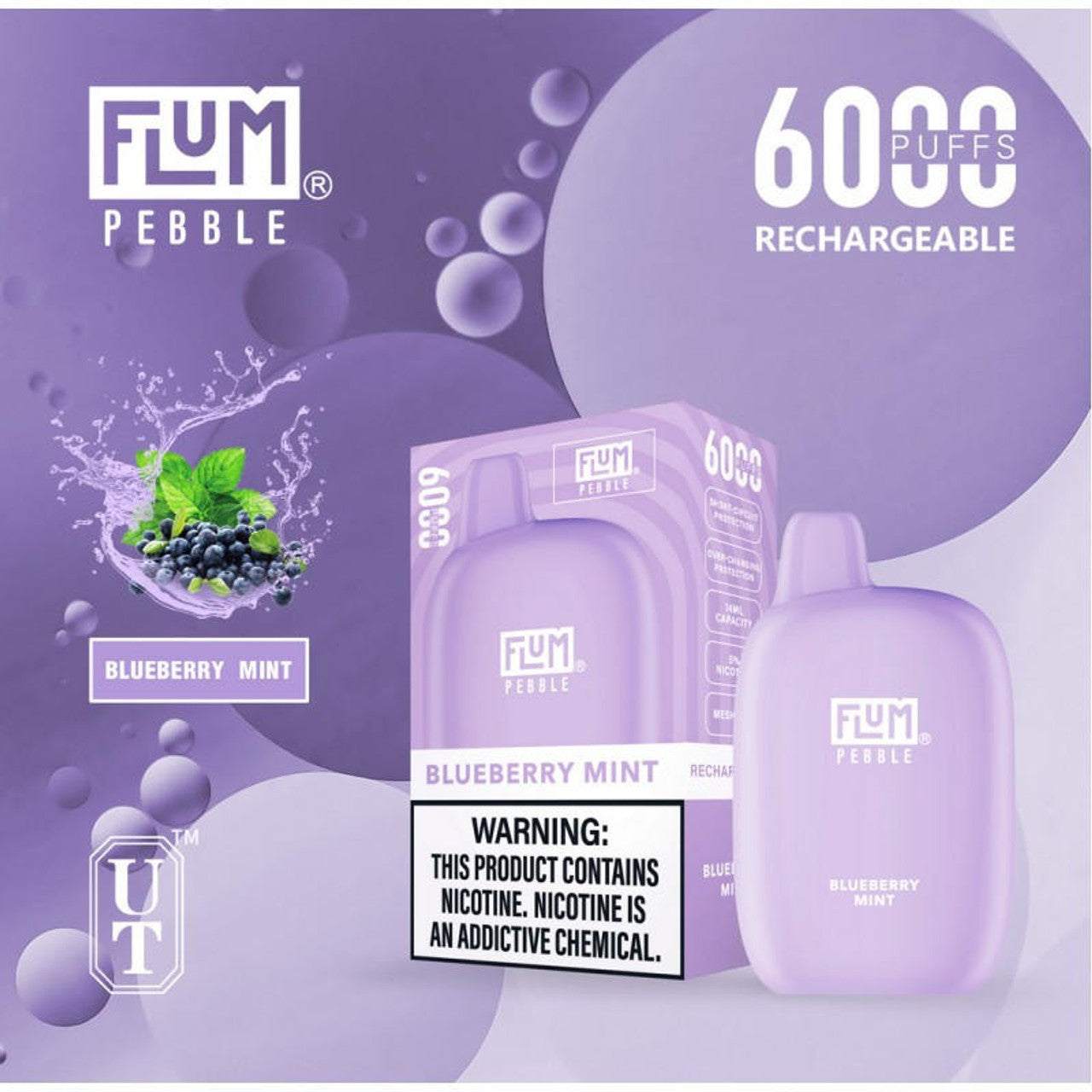 Flum Pebble 14ML 6000 Puffs 550mAh Prefilled Nicotine Salt Rechargeable Disposable Device With Mesh Coil - Display of 10