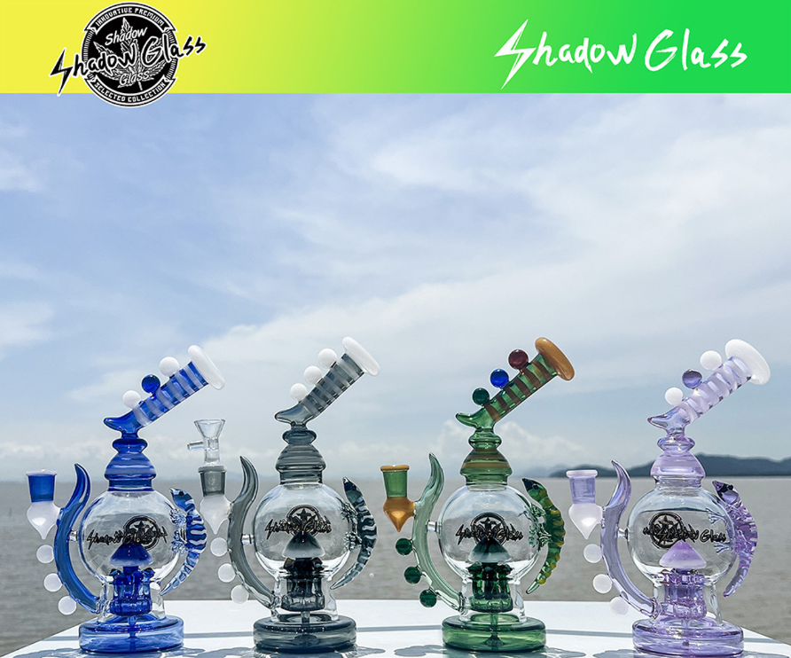 Shadow Glass Water Pipe Mushroom Inside Globe Design With Dots & Lizard + Tire Perc + Inclined Neck - 420 Grams - 9 Inches - Assorted Colors [SGE-003]