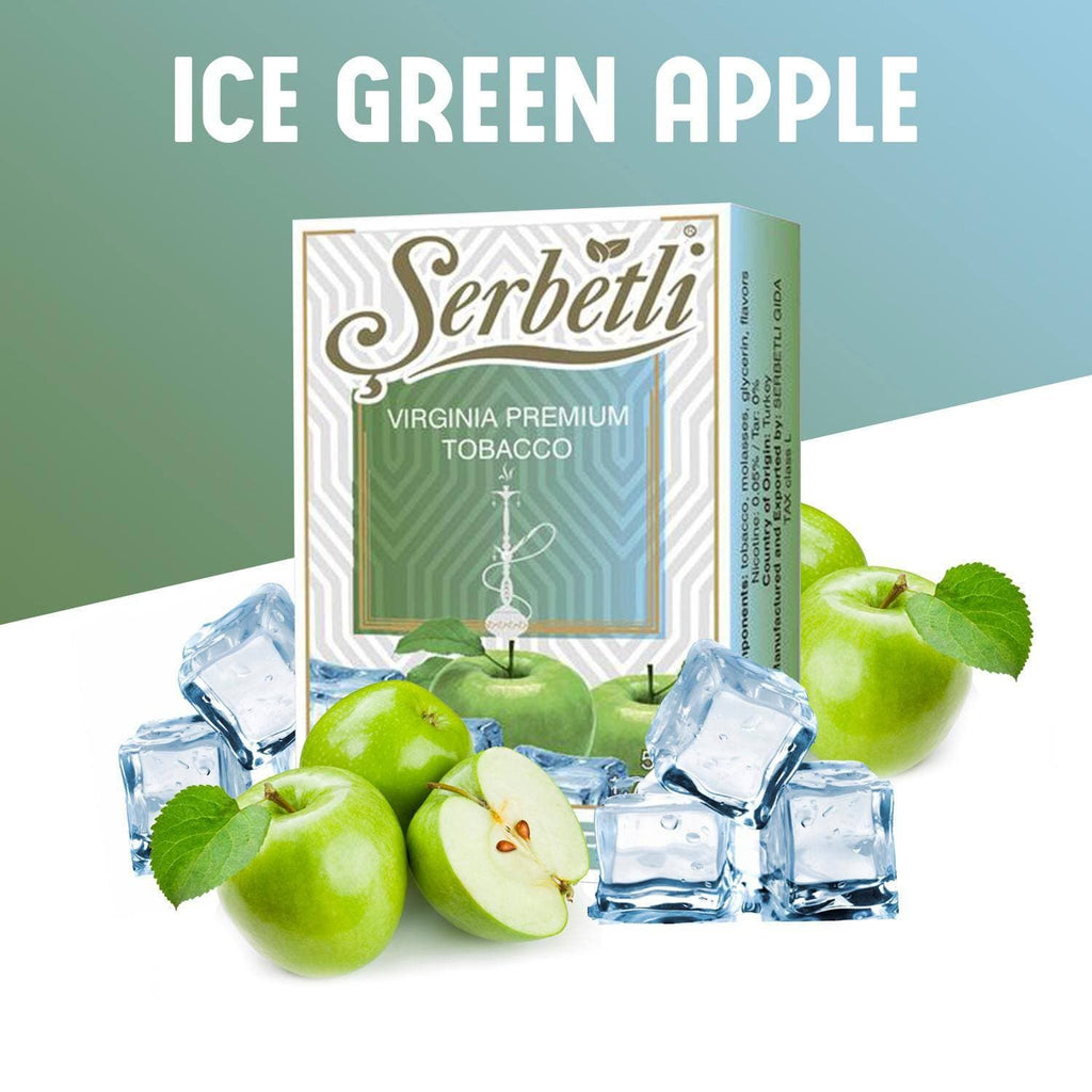 Serbetli Ice Green Apple Hookah Tobacco 50g combines a crisp green apple flavor with a refreshing menthol kick, offering a smooth, cooling smoke. Ideal for fruity menthol lovers.