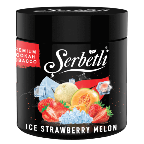 Serbetli Ice Strawberry Melon 250g, offering a sweet strawberry and melon blend with a refreshing icy twist, ideal for vibrant and cooling hookah sessions.