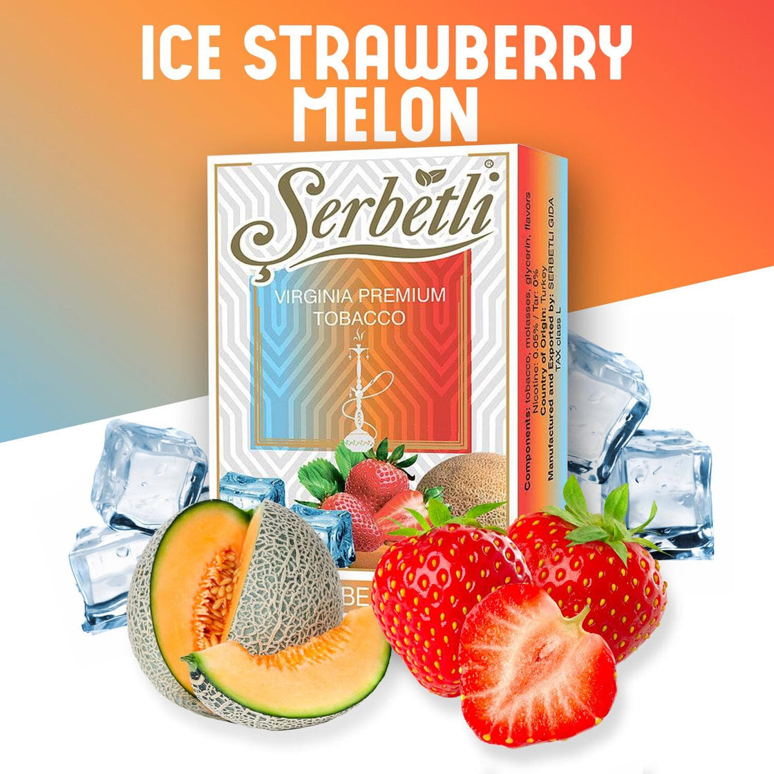 Serbetli Ice Strawberry Melon 50g, combining sweet strawberry and melon with a cool twist for a refreshing and smooth hookah session.