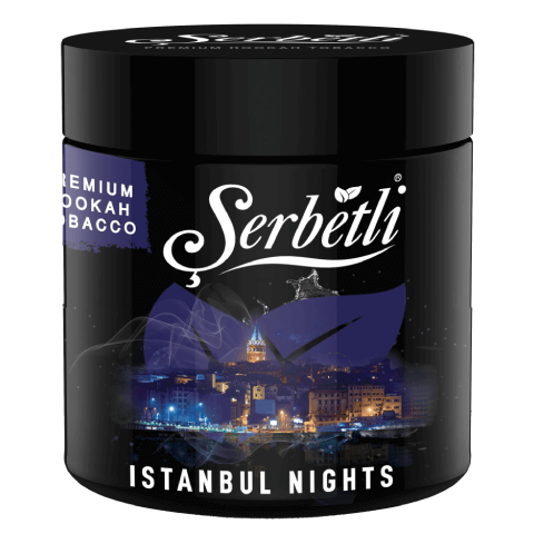 Serbetli Istanbul Nights Hookah Tobacco 250g, offering a rich and exotic flavor blend inspired by Eastern spices, ideal for adventurous smokers and perfect for nighttime sessions.