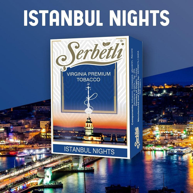 Serbetli Istanbul Nights Hookah Tobacco 50g, a rich and exotic flavor blend inspired by Istanbul, offering a unique and vibrant smoking experience. Ideal for adventurous smokers seeking bold flavors.