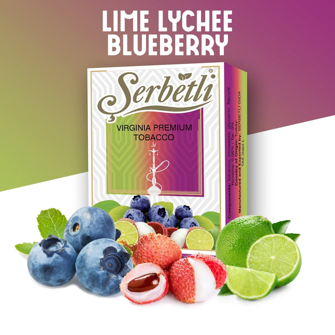 Serbetli Lime Lychee Blueberry 50g Hookah Tobacco, offering a fruity mix of lime, lychee, and blueberry for a vibrant and exotic smoke session. Ideal for fruit flavor lovers.