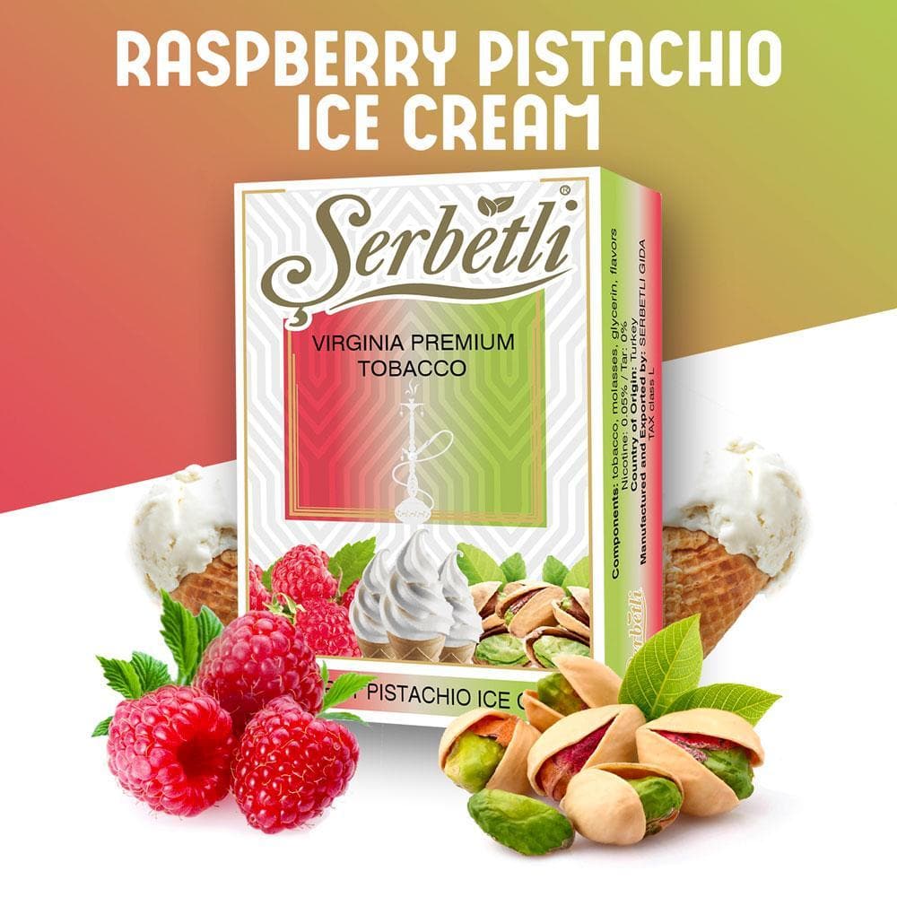 Serbetli Raspberry Pistachio Ice Cream 50g Hookah Tobacco, a rich blend of creamy pistachio and sweet raspberry for a dessert-inspired smoking experience.