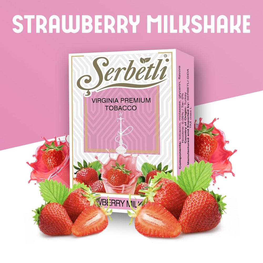 Serbetli Strawberry Milkshake Hookah Tobacco 50g, offering a smooth, creamy strawberry flavor for a delicious dessert-inspired smoke session.







